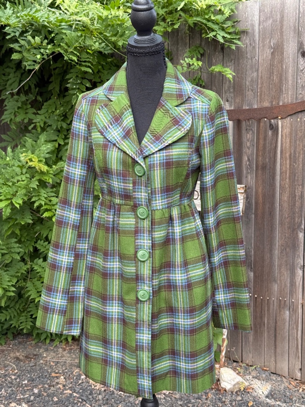 Vintage Susina Green Plaid Long Coat With Green Buttons Size Small